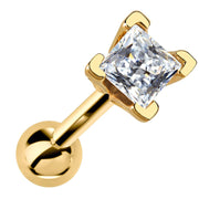 3mm princess cut diamond cartilage stud in 14k yellow gold, four-prong setting, white background