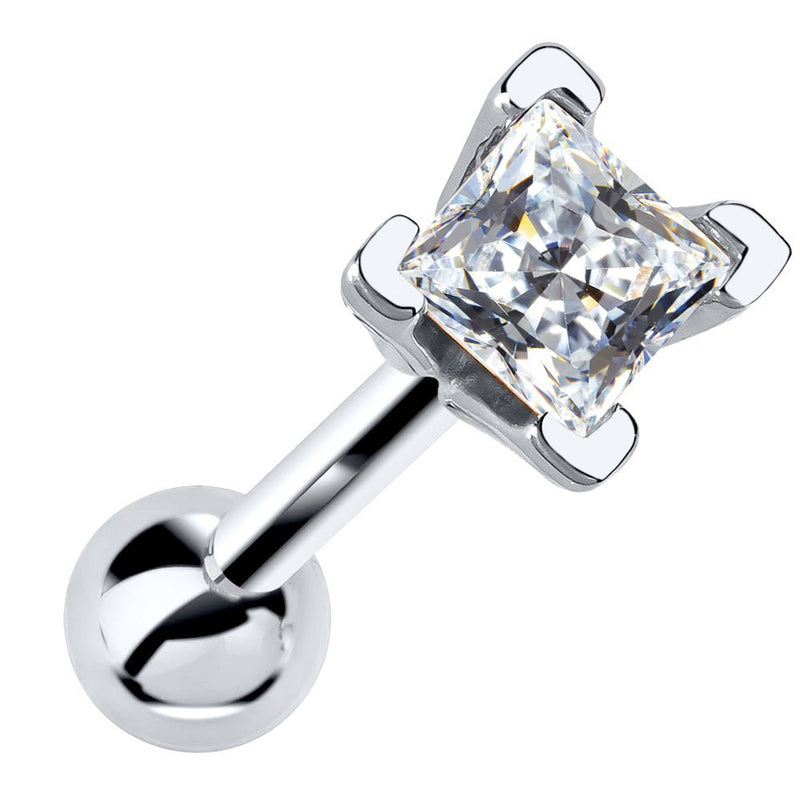 3mm princess cut diamond cartilage stud in 14k white gold, four-prong setting, angled front view