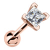 3mm princess cut diamond cartilage stud in 14k rose gold, four-prong setting, angled front view