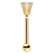 Exploded view of 14k yellow gold cartilage stud showing threaded post and princess cut diamond top