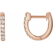 14k rose gold diamond huggie hoop earring pair showing front and angled side profile