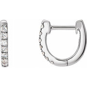 14k white gold diamond huggie hoop earring pair showing front and angled side profile