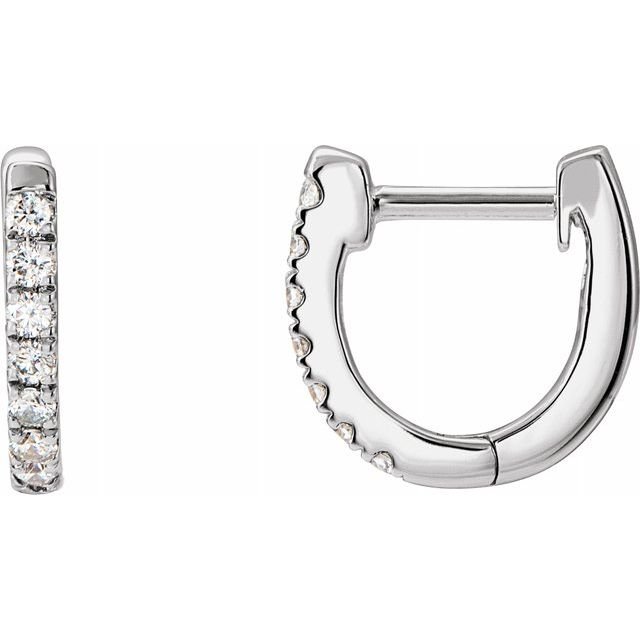 14k white gold diamond huggie hoop earring pair showing front and angled side profile