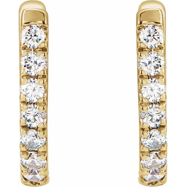 Close-up front view of 14k yellow gold huggie hoops highlighting pave diamond row setting