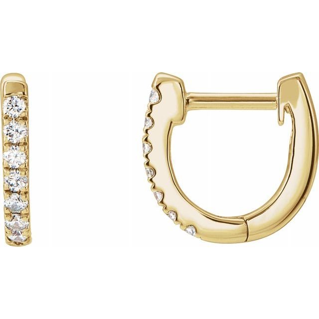 14k yellow gold diamond huggie hoop earrings pair showing front and side profile views
