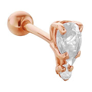14k rose gold cartilage stud earring featuring pear-shaped and round diamond in prong setting