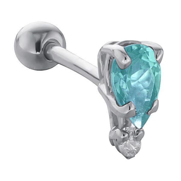 Teardrop Gemstone Diamond Accent 14k Gold Cartilage Stud Earring-White   Aquamarine