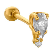 14k yellow gold cartilage stud with pear and round diamond duo in prong setting, angled view