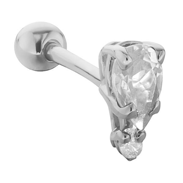14k white gold pear-cut diamond cartilage barbell stud with secondary round diamond accent