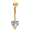 14k yellow gold heart CZ belly button ring with 5mm solitaire in basket prong setting, front view