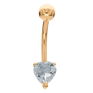14k yellow gold heart CZ belly button ring with 5mm solitaire in basket prong setting, front view