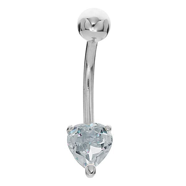 14k white gold heart CZ navel ring with clear heart-shaped solitaire and polished gold ball top