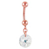 14k rose gold belly ring with clear rivoli Swarovski crystal dangle, front view