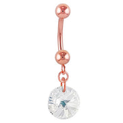 14k rose gold belly ring with clear rivoli Swarovski crystal dangle, front view