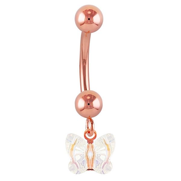 Petite Butterfly Swarovski Elements 14k Gold Belly Ring-14k Rose Gold   Aurora Borealis