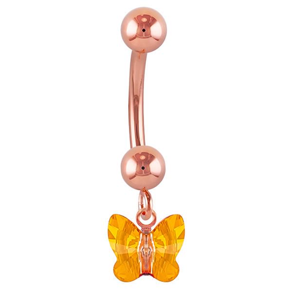 Petite Butterfly Swarovski Elements 14k Gold Belly Ring-14k Rose Gold   Orange