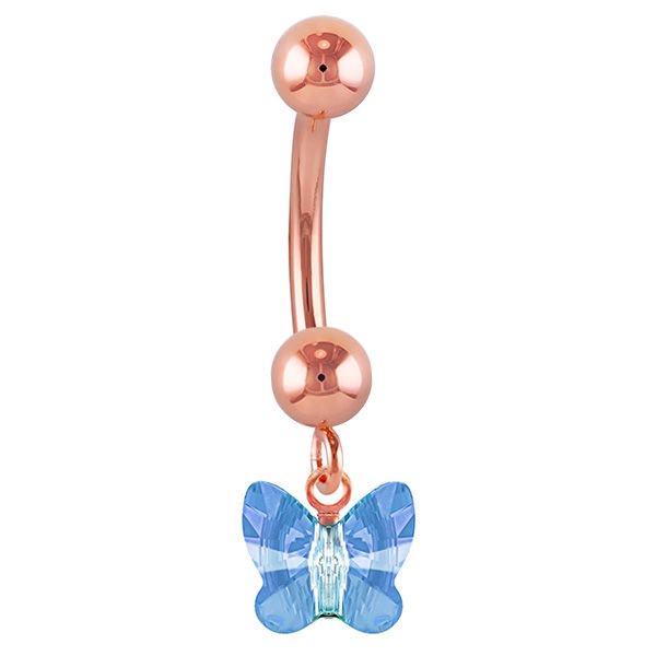 Petite Butterfly Swarovski Elements 14k Gold Belly Ring-14k Rose Gold   Blue