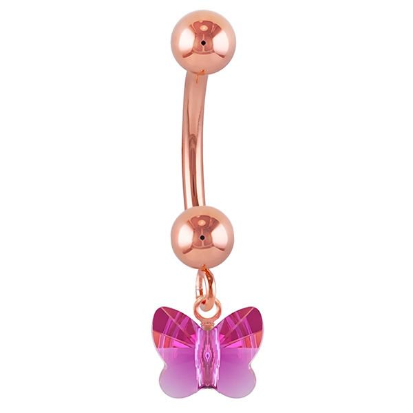 Petite Butterfly Swarovski Elements 14k Gold Belly Ring-14k Rose Gold   Pink