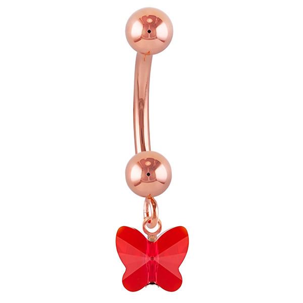 Petite Butterfly Swarovski Elements 14k Gold Belly Ring-14k Rose Gold   Red