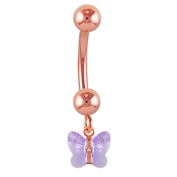 Petite Butterfly Swarovski Elements 14k Gold Belly Ring-14k Rose Gold   Purple
