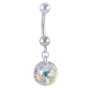 14k white gold navel ring with aurora borealis rivoli Swarovski crystal showing iridescent shimmer