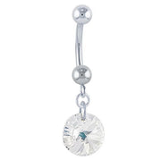 14k white gold belly ring with clear rivoli Swarovski crystal dangle, front view