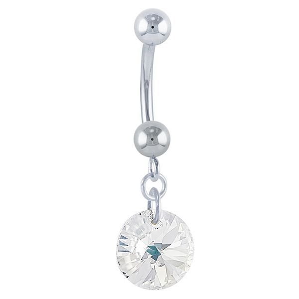 14k white gold belly ring with clear rivoli Swarovski crystal dangle, front view