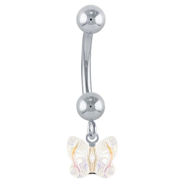 Petite Butterfly Swarovski Elements 14k Gold Belly Ring-14k White Gold   Aurora Borealis