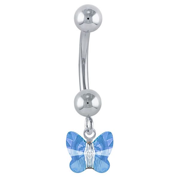 Petite Butterfly Swarovski Elements 14k Gold Belly Ring-14k White Gold   Blue
