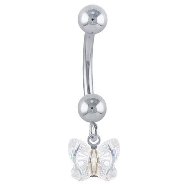 Petite Butterfly Swarovski Elements 14k Gold Belly Ring-14k White Gold   Clear