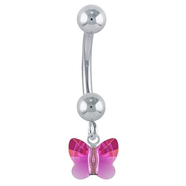 Petite Butterfly Swarovski Elements 14k Gold Belly Ring-14k White Gold   Pink