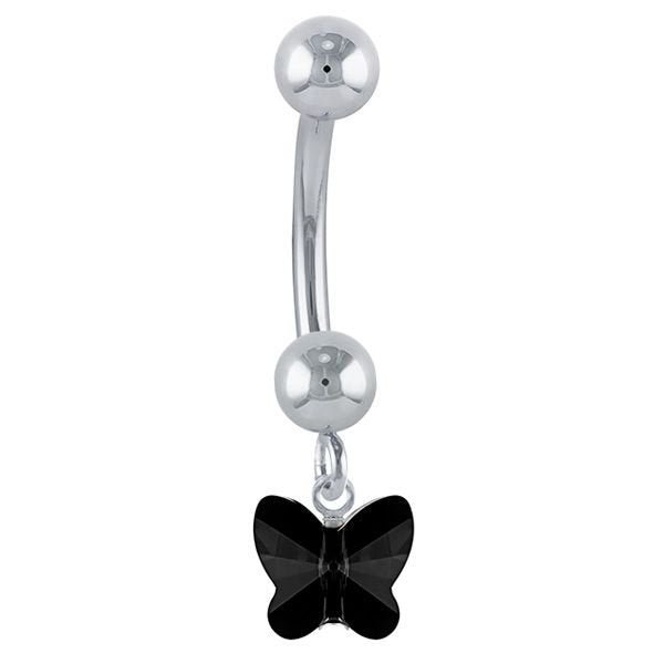 Petite Butterfly Swarovski Elements 14k Gold Belly Ring-14k White Gold   Black