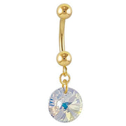 14k yellow gold dangle belly ring featuring aurora borealis rivoli Swarovski crystal charm