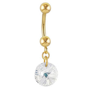14k yellow gold navel ring with clear round rivoli Swarovski crystal dangle, front view