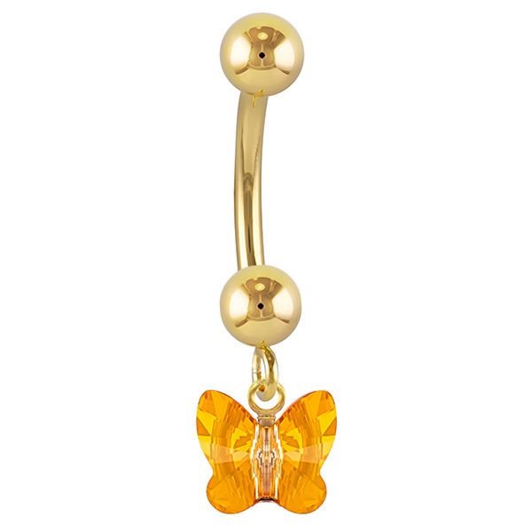 Petite Butterfly Swarovski Elements 14k Gold Belly Ring-14k Yellow Gold   Orange