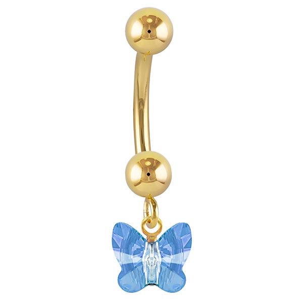 Petite Butterfly Swarovski Elements 14k Gold Belly Ring-14k Yellow Gold   Blue