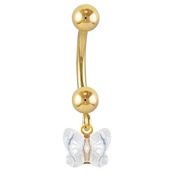 Petite Butterfly Swarovski Elements 14k Gold Belly Ring-14k Yellow Gold   Clear