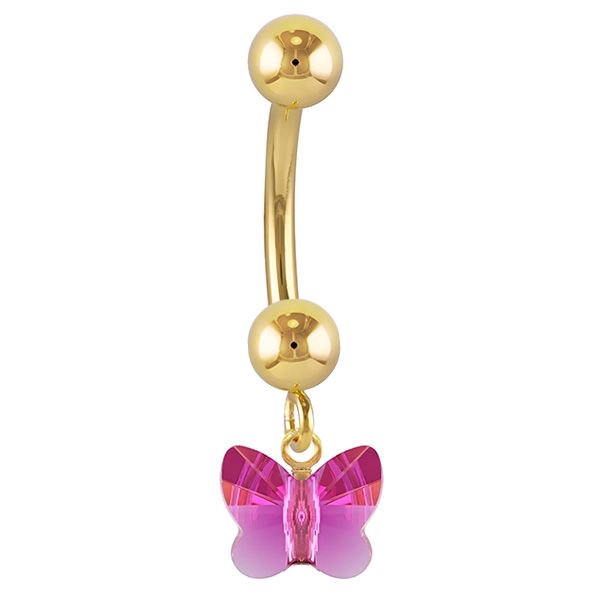 Petite Butterfly Swarovski Elements 14k Gold Belly Ring-14k Yellow Gold   Pink