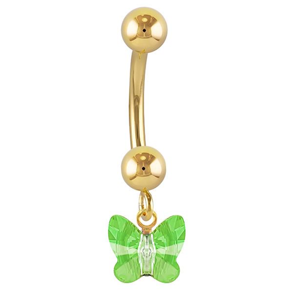 Petite Butterfly Swarovski Elements 14k Gold Belly Ring-14k Yellow Gold   Green