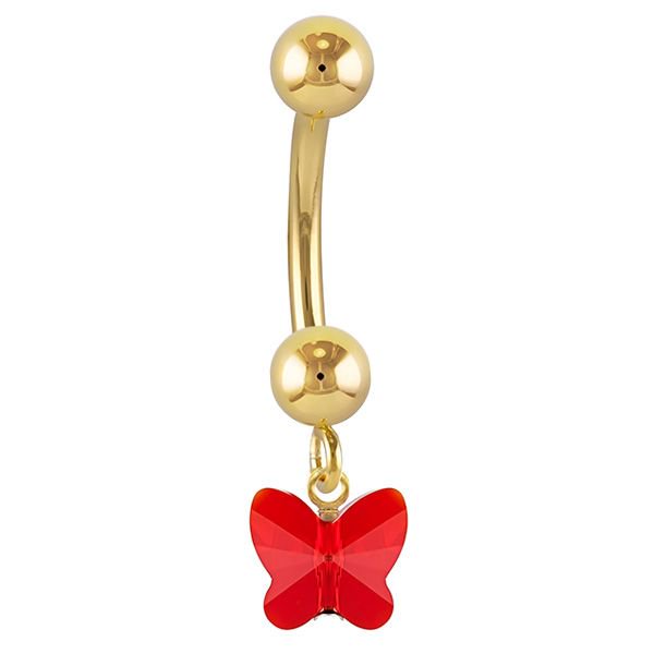 Petite Butterfly Swarovski Elements 14k Gold Belly Ring-14k Yellow Gold   Red