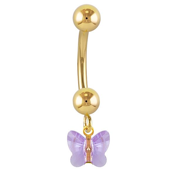 Petite Butterfly Swarovski Elements 14k Gold Belly Ring-14k Yellow Gold   Purple