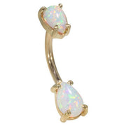 14k yellow gold opal navel ring with dual pear-shaped Australian opal cabochons in prong settings