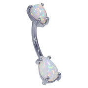 14k white gold opal belly ring featuring two prong-set teardrop Australian opals with rainbow color play