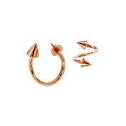 14K rose gold spike twister spiral barbell with pointed cone ends in horseshoe and spiral forms