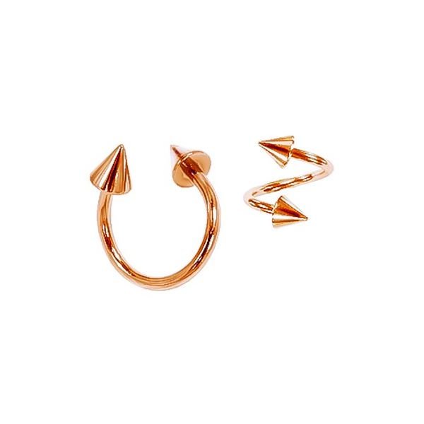 14K rose gold spike twister spiral barbell with pointed cone ends in horseshoe and spiral forms