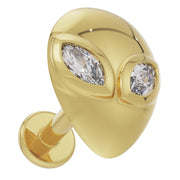 14K yellow gold alien flat back earring showing side profile with flat back post and diamond eyes