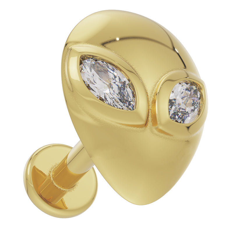 14K yellow gold alien flat back earring showing side profile with flat back post and diamond eyes