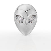 14K white gold alien labret stud with marquise diamond eyes, straight-on front view
