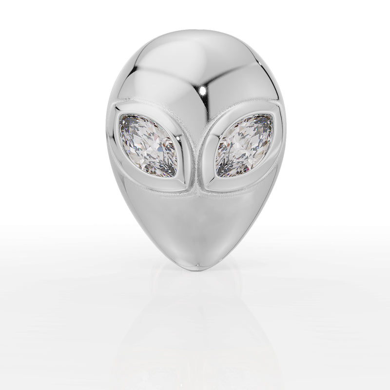 14K white gold alien labret stud with marquise diamond eyes, straight-on front view