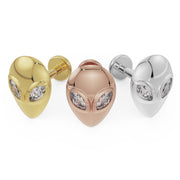 Alien diamond flat back earring shown in all three metal options: 14K yellow, rose, and white gold